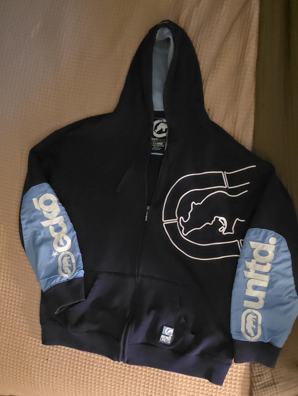 Ecko Unlimited Black Zip-Up Hoodie with Light Blue Sleeve Panels